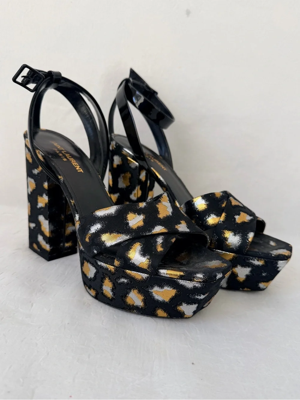 Auth Saint Laurent Farrah Jacquard Leopard Platform Sandals